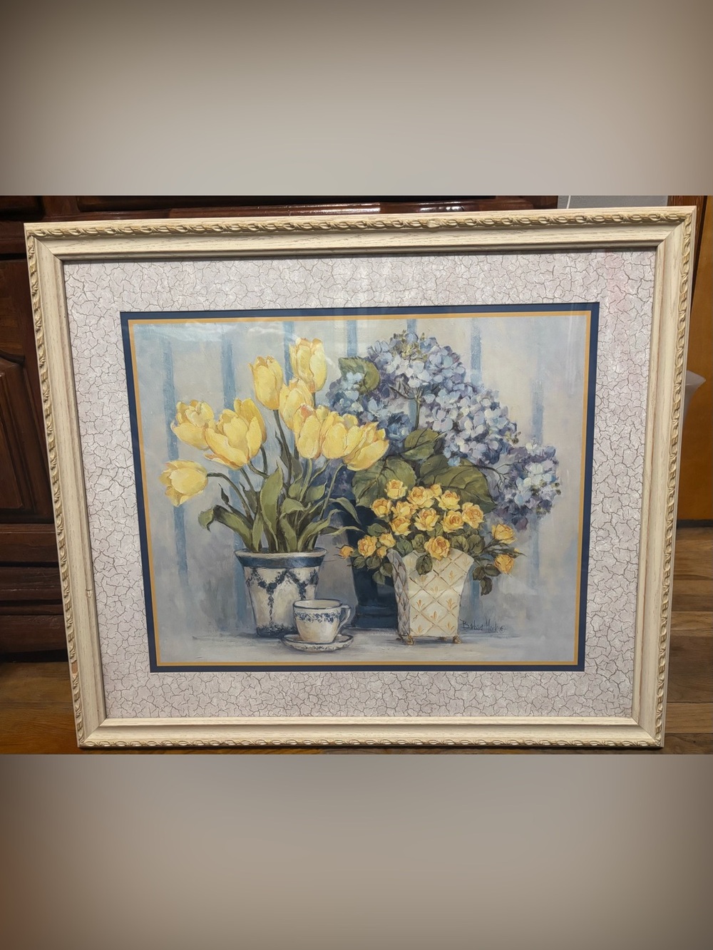 Barbara Mock 29 width 25 ht Floral Still Life Print with Yellow Tulips and Roses